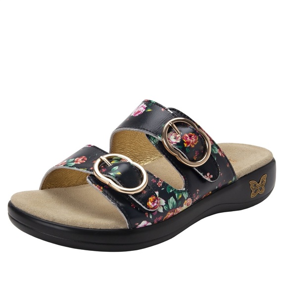 Alegria Shoes - Alegria Jade Corsage Slide Sandals Leather Black Floral Slip Resistant 38